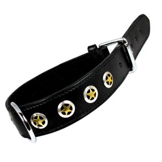 Fodrat läderhalsband med beslag och dekor i krom, 60cm x 40mm