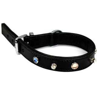 Fodrat läderhalsband med beslag i krom och smyckat med stenar, 50cm x 25mm