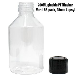 200ML glasklar PETflaska Veral 63-pack, 28mm kapsyl